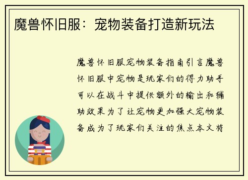 魔兽怀旧服：宠物装备打造新玩法